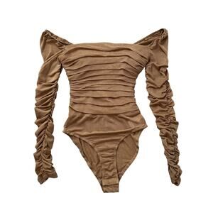 Princess Polly Delaney tan ruched mesh off-the-shoulder long sleeve bodysuit 2